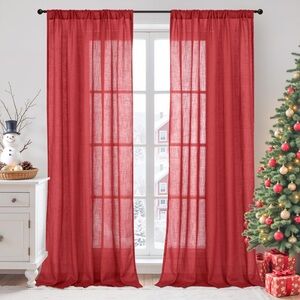 NEW 2 Panel Red Linen Curtains Semi Sheer Window Drapes Coverings 52” x 84”